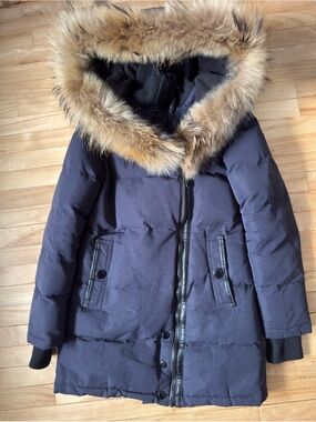 Barneys New York Navy Down Puffer Coat with Real Fur Hood